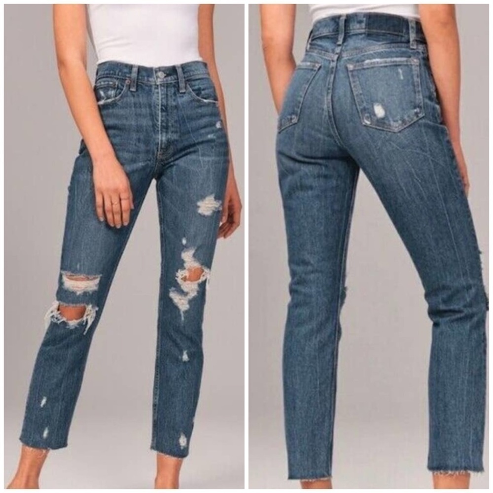 Abercrombie And Fitch Curve Love Distressed High Rise Mom Jeans in Blue